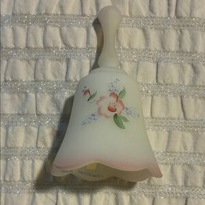 Fenton ruffled bell, hand painted by L. Everson. Soft pink with spring flowers.